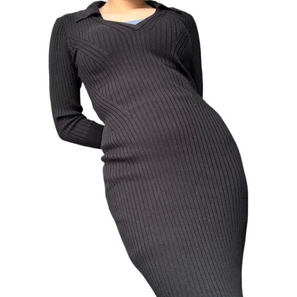 DYNAMITE BLACK RIBBED MAXI DRESS WITH V-NECK, COLLAR & SIDE SLIT | SIZE SMALL - Picture 8 of 15